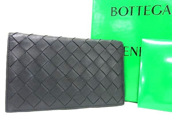 ■極美品■ BOTTEGA VENETA ボッテガヴェネタ ビッグイントレチャート レザー 二つ折り 長財布 ウォレット メンズ ブラック系 AU3258