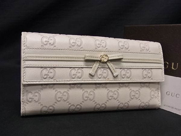 ■新品同様■ GUCCI グッチ 256933 2184 インターロッキングG GG柄 グッチシマ レザー リボン 二つ折り 長財布 アイボリー系 AU5110