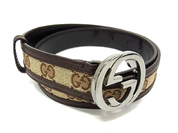 グッチ ベルト（メンズ） ■新品同様■ GUCCI グッチ 114874 インターロッキングG GG柄 GGキャンバス×レザー ベルト レディース ベージュ系×ブラウン系 AU5169