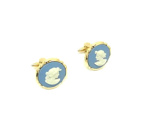 ■美品■ WEDGWOOD ウェッジウッド ジャスパー カフスボタン カフリンクス アクセサリー 紳士 メンズ ブルー系×ゴールド系 DK5330