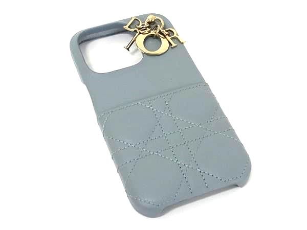 ChristianDior ディオール レディディオール カナージュ レザー iPhone15 Pro対応 スマホケース ライトブルー系 AZ8595