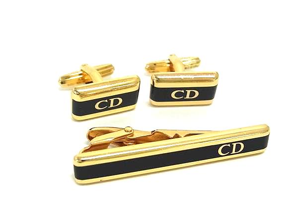 ChristianDior ディオール ヴィンテージ カフリンクス カフスボタン ネクタイピン タイクリップ 2点セット ゴールド系 DK7298