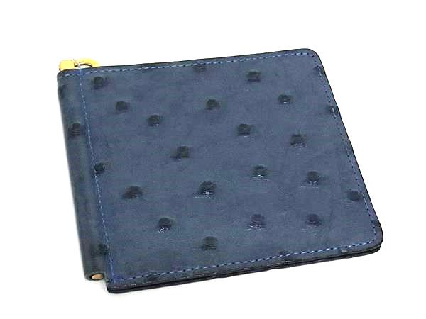 ■極上■本物■美品■ オーストリッチ マネークリップ付き 二つ折り 財布 メンズ ブルーグレー系 DK7566