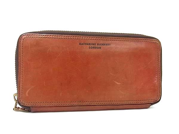 KATHARINE HAMNETT キャサリンハムネット レザー ラウンドファスナー 長財布 ウォレット メンズ レディース ブラウン系 DJ2894