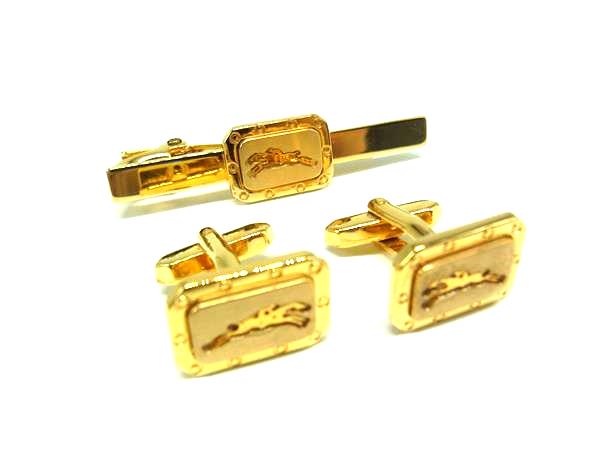 ■美品■ LONGCHAMP ロンシャン カフスボタン カフリンクス ネクタイピン アクセサリー 2点セット 紳士 ビジネス ゴールド系 DJ3283