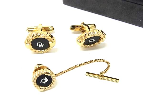 ■美品■ ChristianDior ディオール ヴィンテージ カフスボタン カフリンクス タイタック タイチェーン 2点セットゴールド系 DN1596