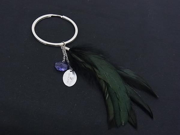 ■美品■ SWAROVSKI スワロフスキー カラーストーン フェザー キーホルダー キーリングチャーム ダークグリーン系×パープル系 DN1762