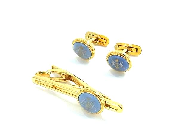 ■美品■ GIVENCHY ジバンシィ カフス カフリンクス ネクタイピン アクセサリー 2点セット 紳士 メンズ ゴールド系×ブルー系 DK7958