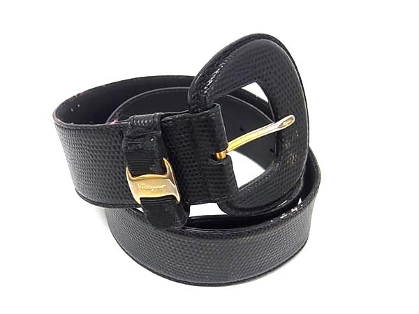 Salvatore Ferragamo フェラガモ ヴァラリボン リザード型押しレザー ベルト レディース ブラック系 DN2261