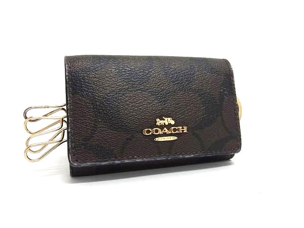 COACH コーチ F77998 シグネチャー PVC キーリング付き 5連 キーケース 鍵入れ レディース メンズ ブラウン系 DJ4059