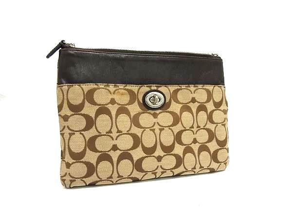 COACH コーチ シグネチャー キャンバス×レザー クラッチバッグ セカンドバッグ マルチケース メンズ レディース ブラウン系 DJ2589