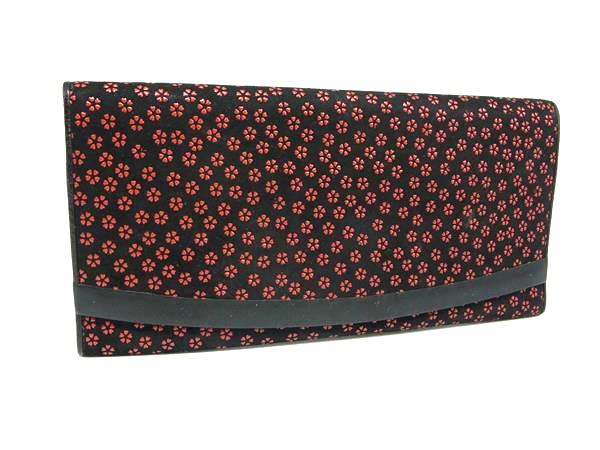 ■美品■ INDEN-YA 印傳屋 インデンヤ 漆塗り 鹿革 小桜柄 二つ折り 長財布 ウォレット 札入れ 小銭入れ ブラック系×レッド系 DJ6124