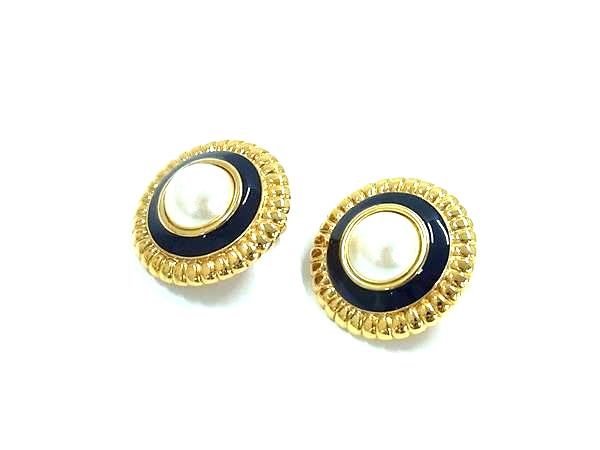 ■美品■ MONET モネ パール クリップ式 イヤリング アクセサリー レディース ゴールド系×ネイビー系 DK8550