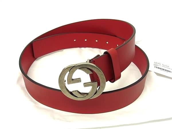 ■新品同様■ GUCCI グッチ 546389 インターロッキングG レザー シルバー金具 ベルト 表記サイズ 95・38 メンズ レッド系 BR2717