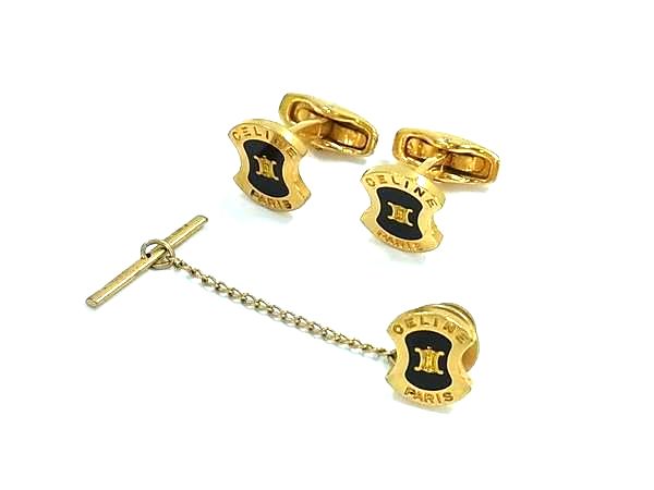 ★超希少 セリーヌ カフス セット ラペルピン 黒蝶貝 オーバル 馬車ロゴ 箱付 ☆超希少 セリーヌ カフス セット ラペルピン 黒蝶貝 オーバル 馬車