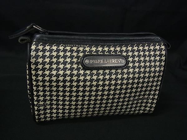 RALPH LAUREN ラルフローレン PVC×レザー メイクポーチ 化粧ポーチ マルチケース 小物ケース ブラック..