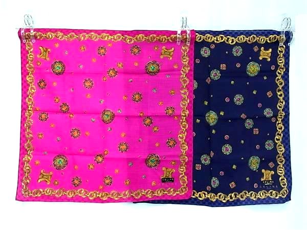 ■新品■未使用■ CELINE セリーヌ マカダム コットン100% ハンカチ ハンカチーフ 2点セット まとめ売り ピンク系 ネイビー系 DJ5606