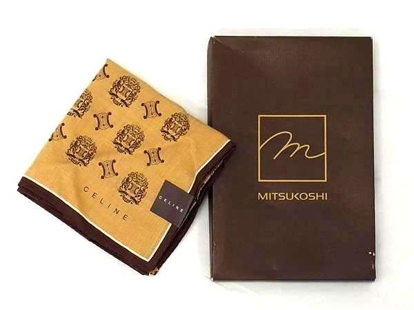 ■極美品■ CELINE セリーヌ マカダム柄 コットン100％ ハンカチーフ ポケットチーフ レディース メンズ ブラウン系 DK5339