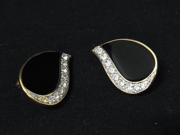 ■美品■ MONET モネ ラインストーン クリップ式 イヤリング アクセサリー レディース ブラック系×ゴールド系 DK7042