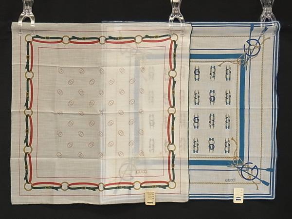 ■美品■ GUCCI グッチ コットン100％ ハンカチ ハンカチーフ 2点セット レディース ブルー系×グリーン系 DI2554