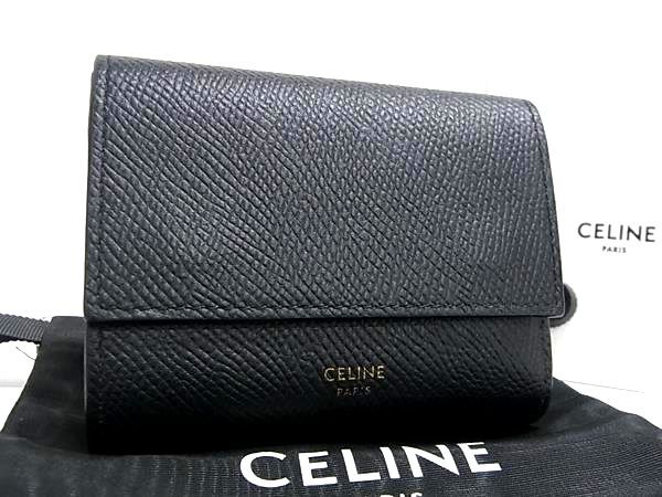 セリーヌ ■新品同様■ CELINE セリーヌ レザー 三つ折り 財布 ウォレット 小銭入れ 札入れ レディース ブラック系 BI0443