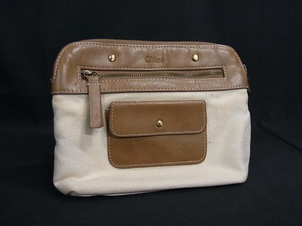 Chloe クロエ キャンバス×レザー クラッチバッグ セカンドバッグ ポーチ マルチケース レディース アイボリー系 DK8930