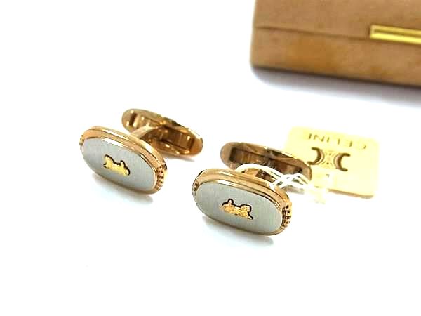 ■美品■ CELINE セリーヌ マカダム 馬車 カフスボタン カフリンクス ビジネス 紳士 メンズ ゴールド系×..