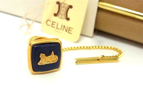 ■極美品■ CELINE セリーヌ ヴィンテージ 馬車 タイタック ネクタイピン アクセサリー メンズ ゴールド系×ネイビー系 DK7167