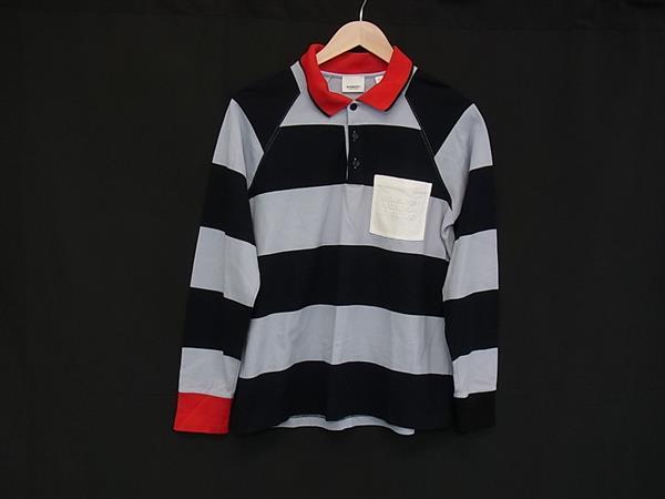 ■極美品■ BURBERRY バーバリー コットン100％ ボーダー 長袖 ポロシャツ トップス 表記サイズ XS 洋服 メンズ ネイビー系 FU0313
