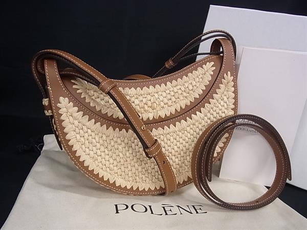 ■新品同様■ POLENE ポレーヌ ヌメロ ディス ラフィア×レザー クロスボディ ショルダーバッグ ポシェット ブラウン系 FZ3719