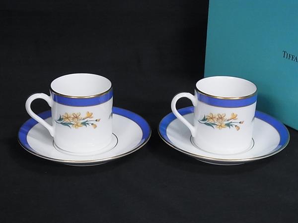 ■新品同様■ TIFFANY＆Co ティファニー フローラル デミタスカップ 食器 テーブルウェア 2客セット ペア ホワイト系 BR0823