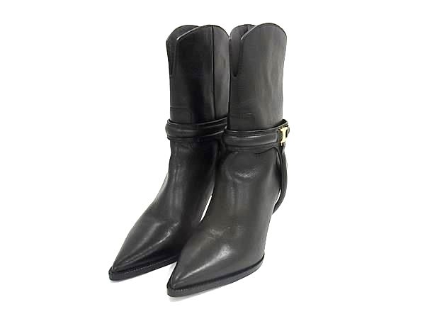 ■美品■ CELINE セリーヌ マカダム レザー ブーツ ヒール 表記サイズ 36 (約23cm) 靴 シューズ レディース ブラック系 FT3457(4.0)