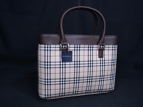 ■新品同様■ BURBERRY バーバリー ノバチェック キャンバス×レザー トート ハンドバッグ レディース ベージュ系×ブラウン系 FU8433(4.0)