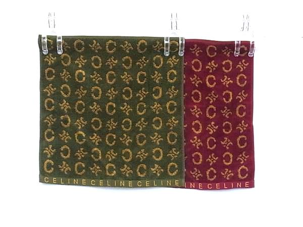 ■極美品■ CELINE セリーヌ Cマカダム ハンカチーフ ポケットチーフ 2点セット レディース メンズ グリーン系×レッド系 DJ8412