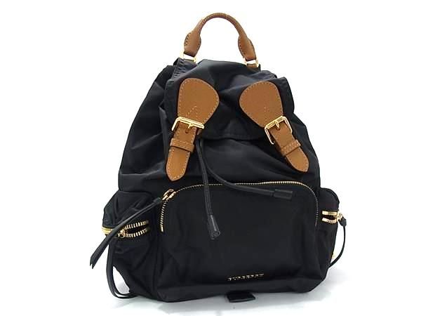 ■新品同様■ BURBERRY バーバリー ナイロン×レザー 巾着型 リュックサック デイパック バックパック ブラック系×ブラウン系 FG9135