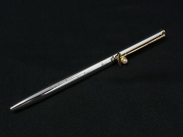 MIKIMOTO ミキモト 本真珠 アコヤ真珠 パール 約3mm ツイスト式 ボールペン 筆記用具 文房具 ステーショナリー シルバー系 DN4388