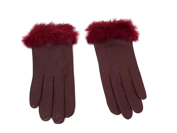 ■美品■ BALMAIN バルマン レザー×ファー 手袋 グローブ 防寒具 レディース ボルドー系 DK1406(4.0)