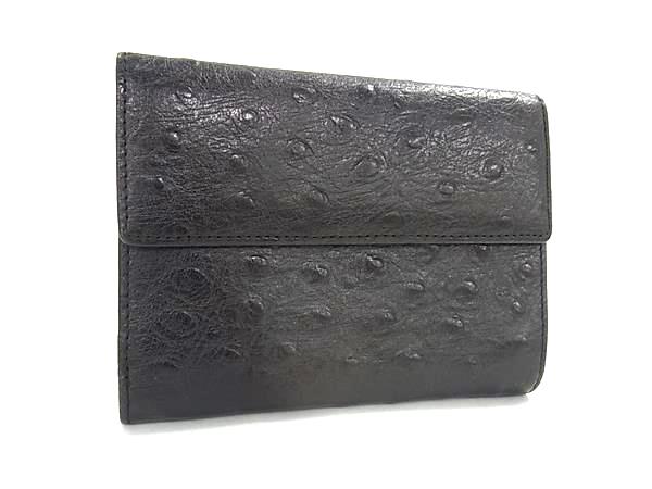 ■美品■ Guy Laroche ギラロッシュ オーストリッチ型押しレザー 三つ折り 財布 ウォレット 小銭入れ 札入れ ブラック系 DL1668