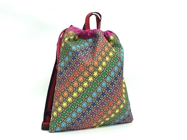 ■極美品■ GUCCI グッチ 550775 213043 GG柄 PVC×レザー 星 スター 巾着型 リュックサック バックパック ブラウン系 FB9796