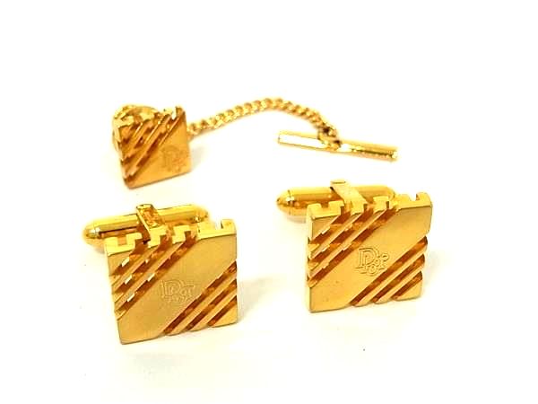 ■美品■ ChristianDior ディオール ヴィンテージ カフスボタン カフリンクス ネクタイピン 2点セット 紳士 メンズ ゴールド系 DL1881