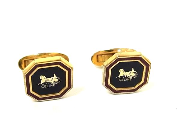 CELINE セリーヌ マカダム柄 カフスボタン カフリンクス アクセサリー 紳士 メンズ ゴールド系×ブラッ..