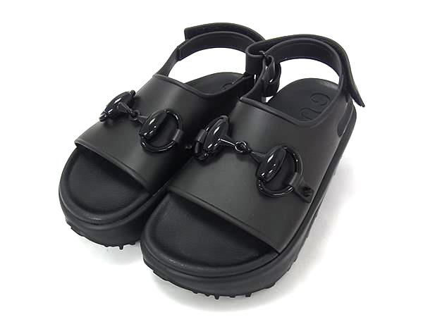 ■極美品■ GUCCI グッチ 742435 フラットフォーム ホースビット ラバー サンダル サイズ35 (約22cm) 靴 シューズ ブラック系 FW4765