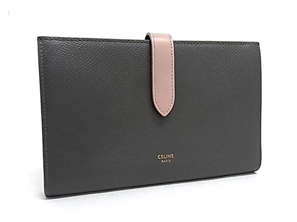 ■新品同様■ CELINE セリーヌ ラージストラップウォレット レザー 二つ折り 長財布 ウォレット 小銭入れ グレー系 FW4840