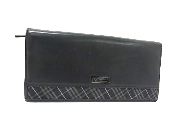 BURBERRY バーバリーブラックレーベル レザー×ナイロンキャンバス チェック柄 二つ折り 長財布 ウォレット メンズ ブラック系 DJ9268