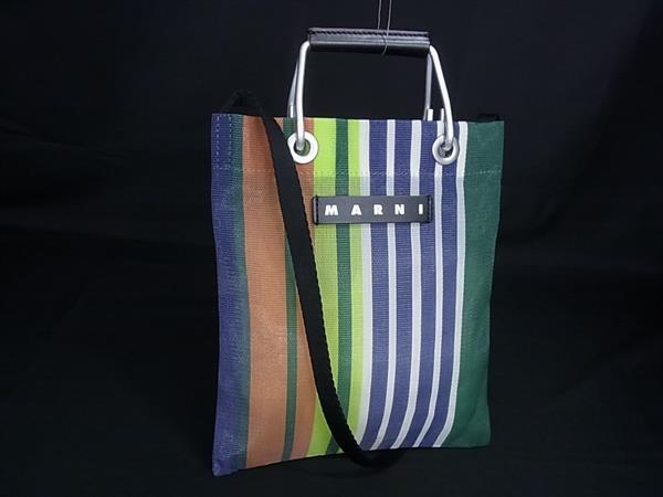 ■新品同様■ MARNI マルニ マーケット フラワーカフェ ナイロン ストライプ 2WAY クロスボディ ハンドバッグ ショルダー FZ2427