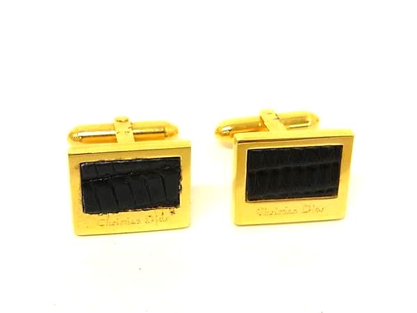 ■美品■ ChristianDior ディオール リザード型押しレザー カフスボタン カフリンクス アクセサリー メンズ ゴールド系 DN4878