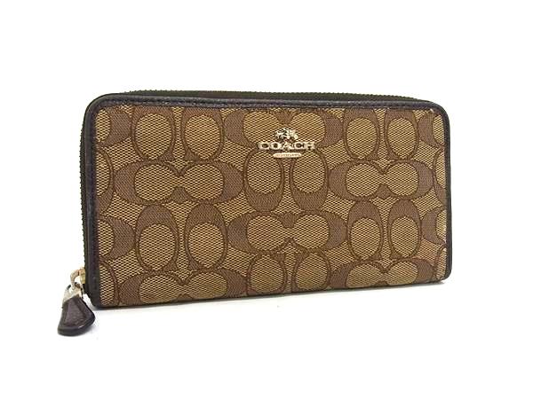 COACH コーチ シグネチャー キャンバス×レザー ラウンドファスナー 長財布 ウォレット レディース メンズ ブラウン系 DH8003