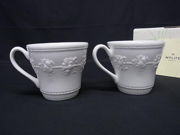 ■美品■ WEDGWOOD ウェッジウッド フェスティビティー マグカップ 食器 陶磁器 テーブルウェア 2客セット ホワイト系 DK7799