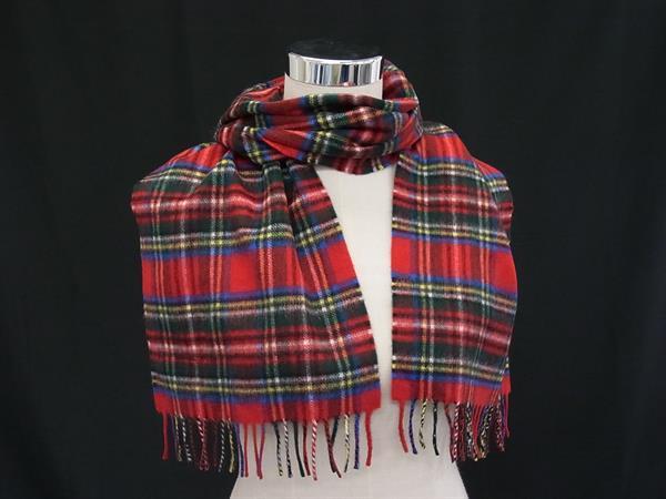 ■新品■未使用■ Joshua Ellis ジョシュアエリス ラムウール フリンジ マフラー ショール 防寒具 レッド系×マルチカラー FU5427