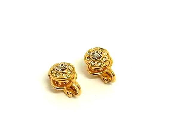 ■美品■ NINA RICCI ニナリッチ ロゴモチーフ ラインストーン クリップ式 イヤリング アクセサリー レディース ゴールド系 DL4308